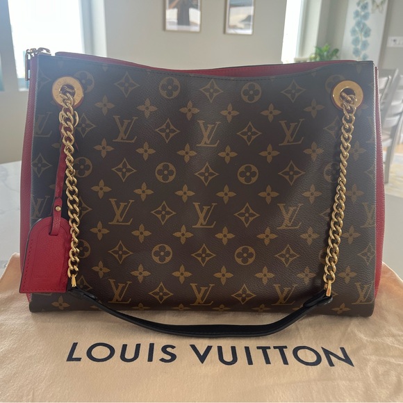 Louis Vuitton Handbags - Louis Vuitton Surene MM Monogram Brown Coated Canvas & Cerise (Red) Leather Tote